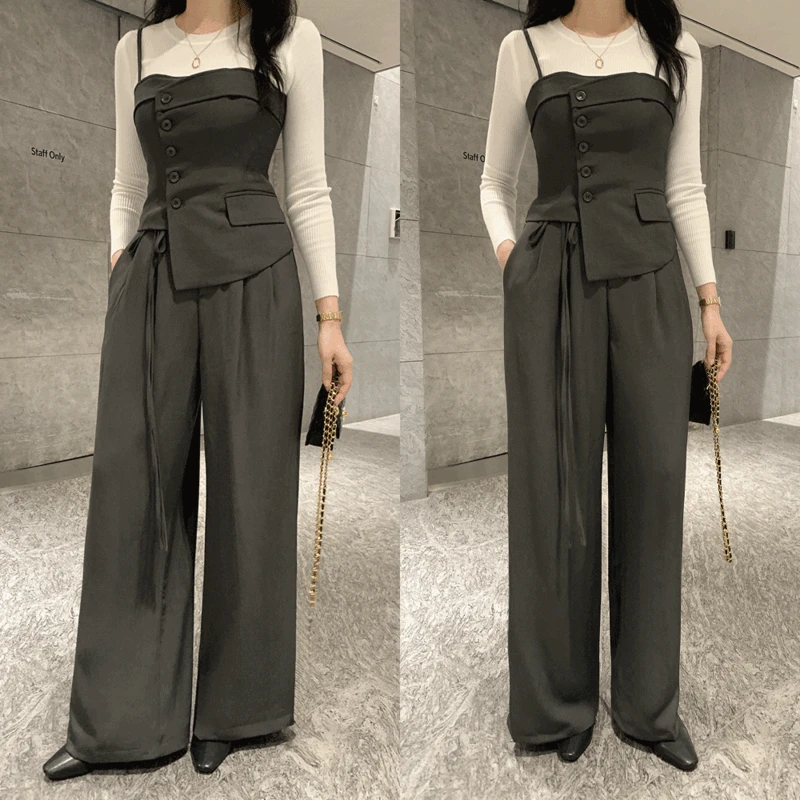 [코디세트] 룰루 끈조절 뷔스티에 블라우스 + 투핀턱 와이드 슬랙스 + 라운드 골지 니트탑 + 레이스블라우스 세트-세트로만판매