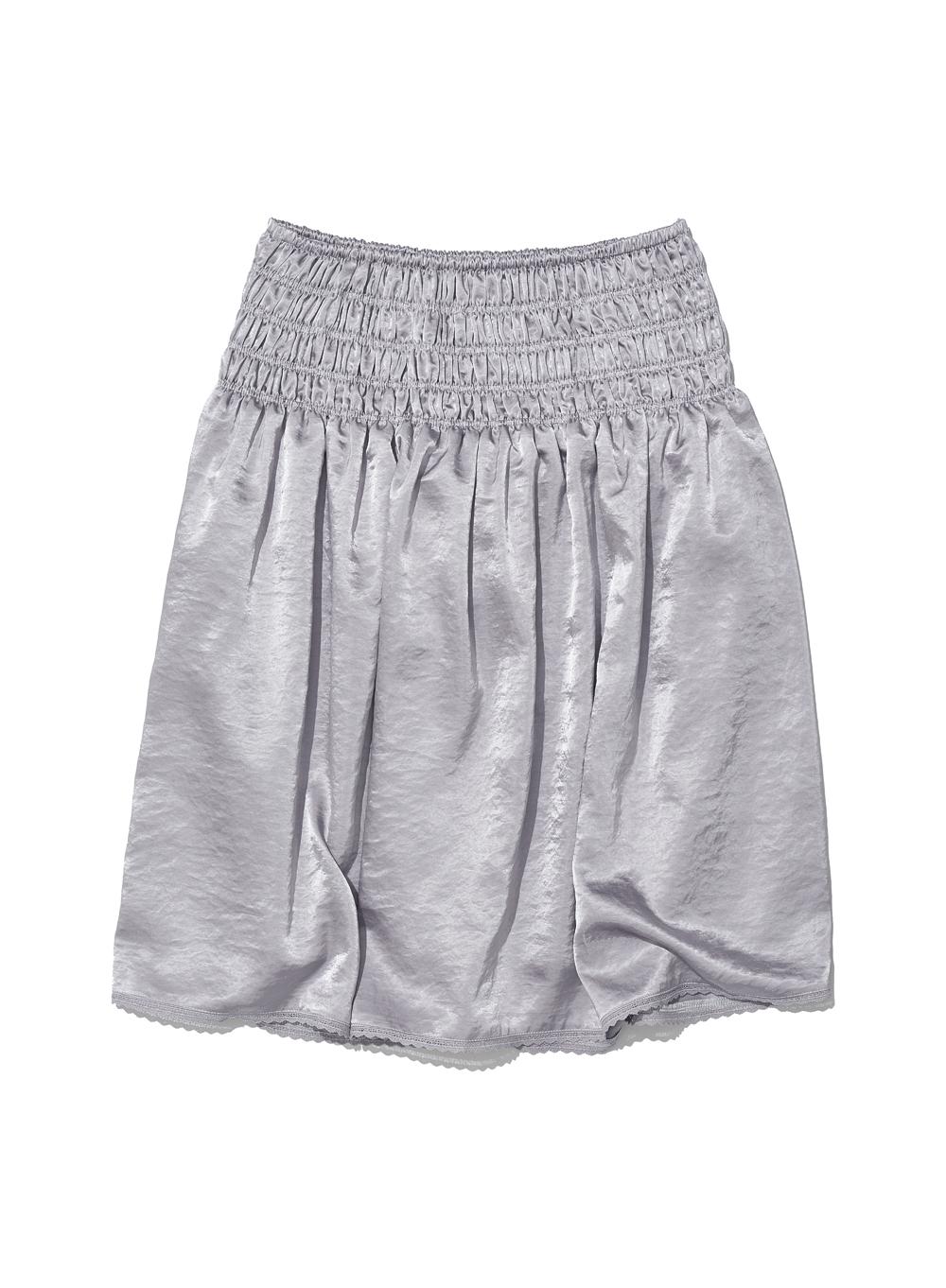 [WOMEN] LACE TRIM SMOCKING MIDI SKIRT_GREY