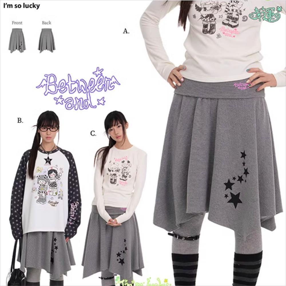 BETWEENAND 스트라이프 자수 불규칙 스커트