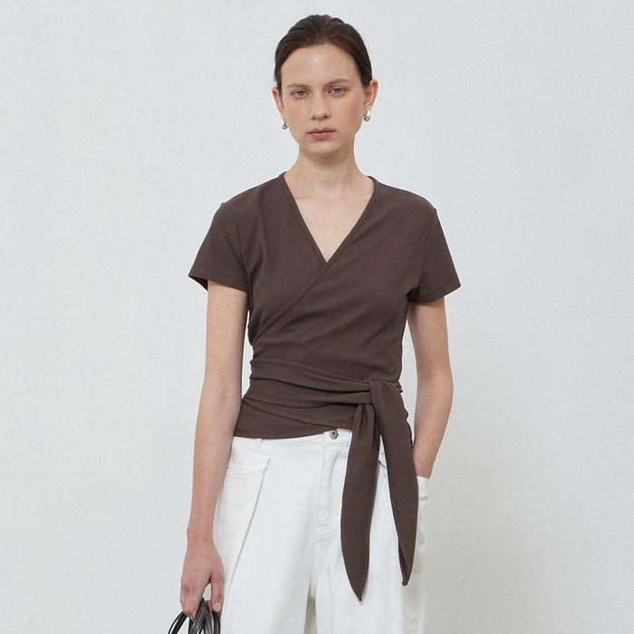 V WRAP COTTON T-SHIRT - BROWN