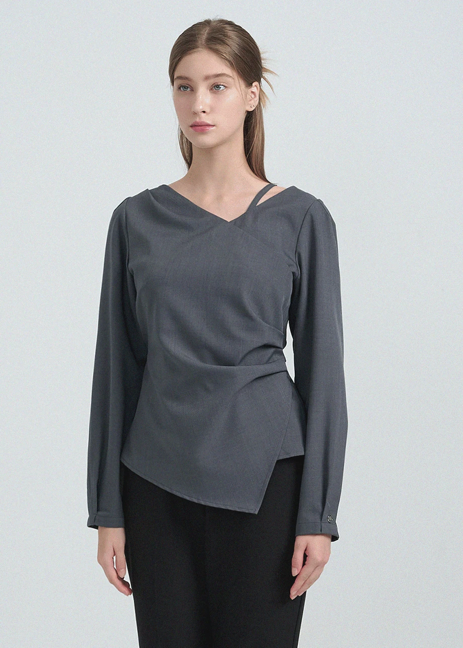 [44-120]  Freya Unbalance Strap Blouse-fw.ver  프레애 언발란스 스트랩 블라우스-fw.ver (가을-데이트룩-하객룩-오피스룩-격식룩-출근룩-데일리룩-페미닌-클래식-언발란스-체형커버-자체제작)