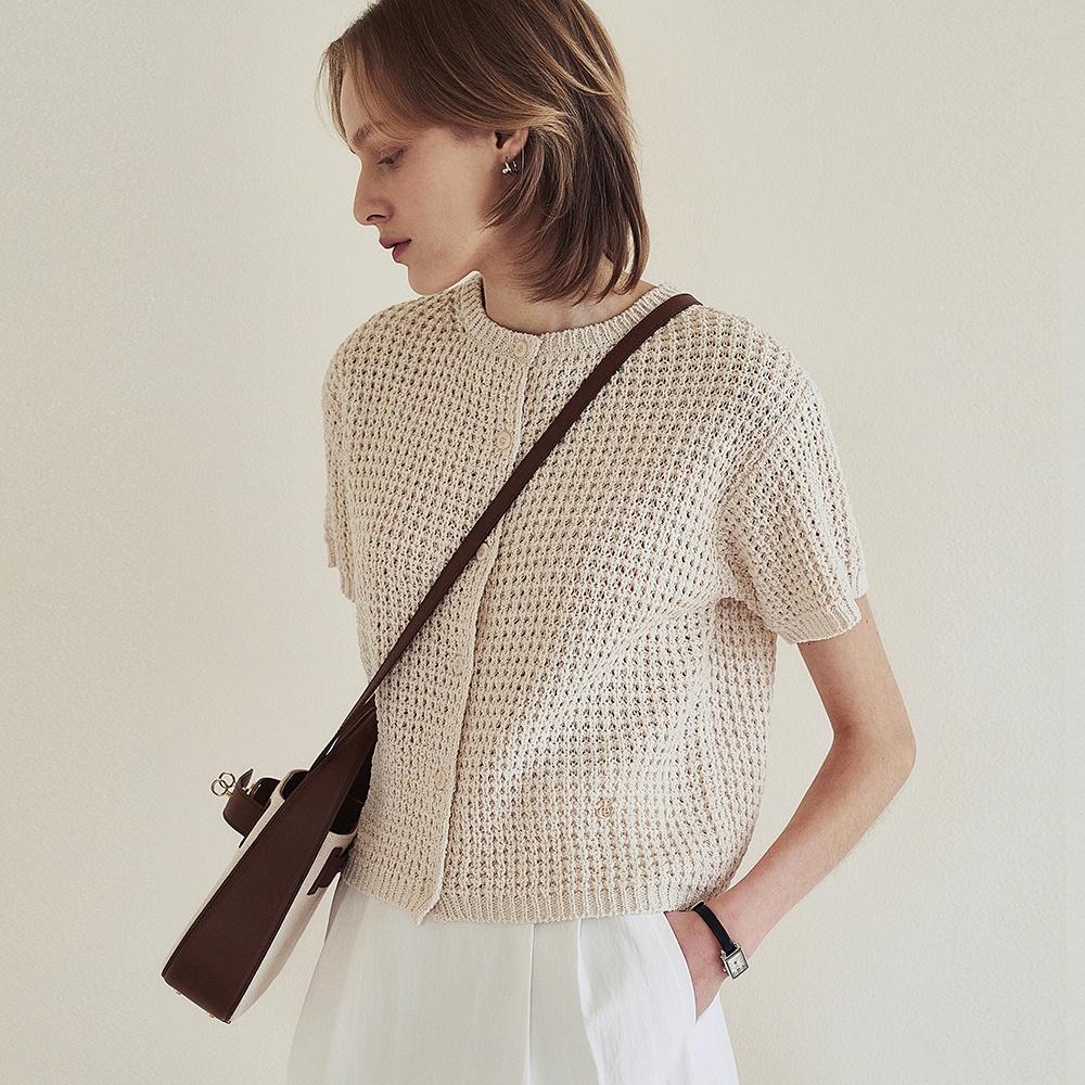 와플 크루넥 니트 가디건 - 베이지