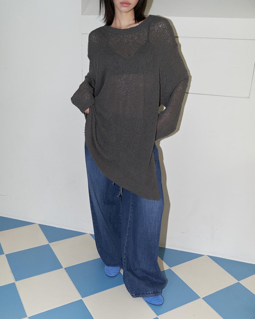 25SS unbalanced round see-through slit knit