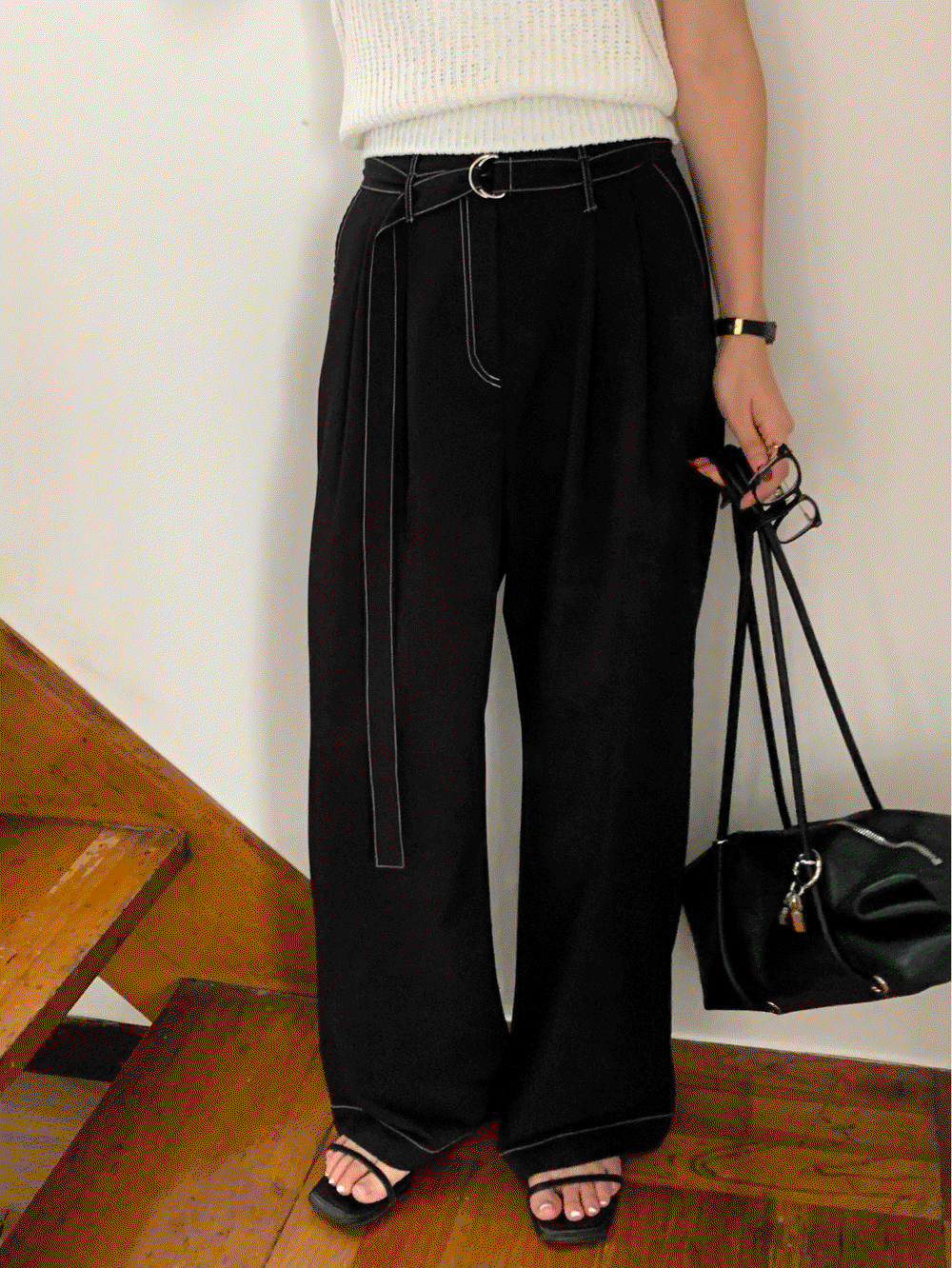 디메르 [약7일소요]스티치 벨트 핀턱 슬랙스