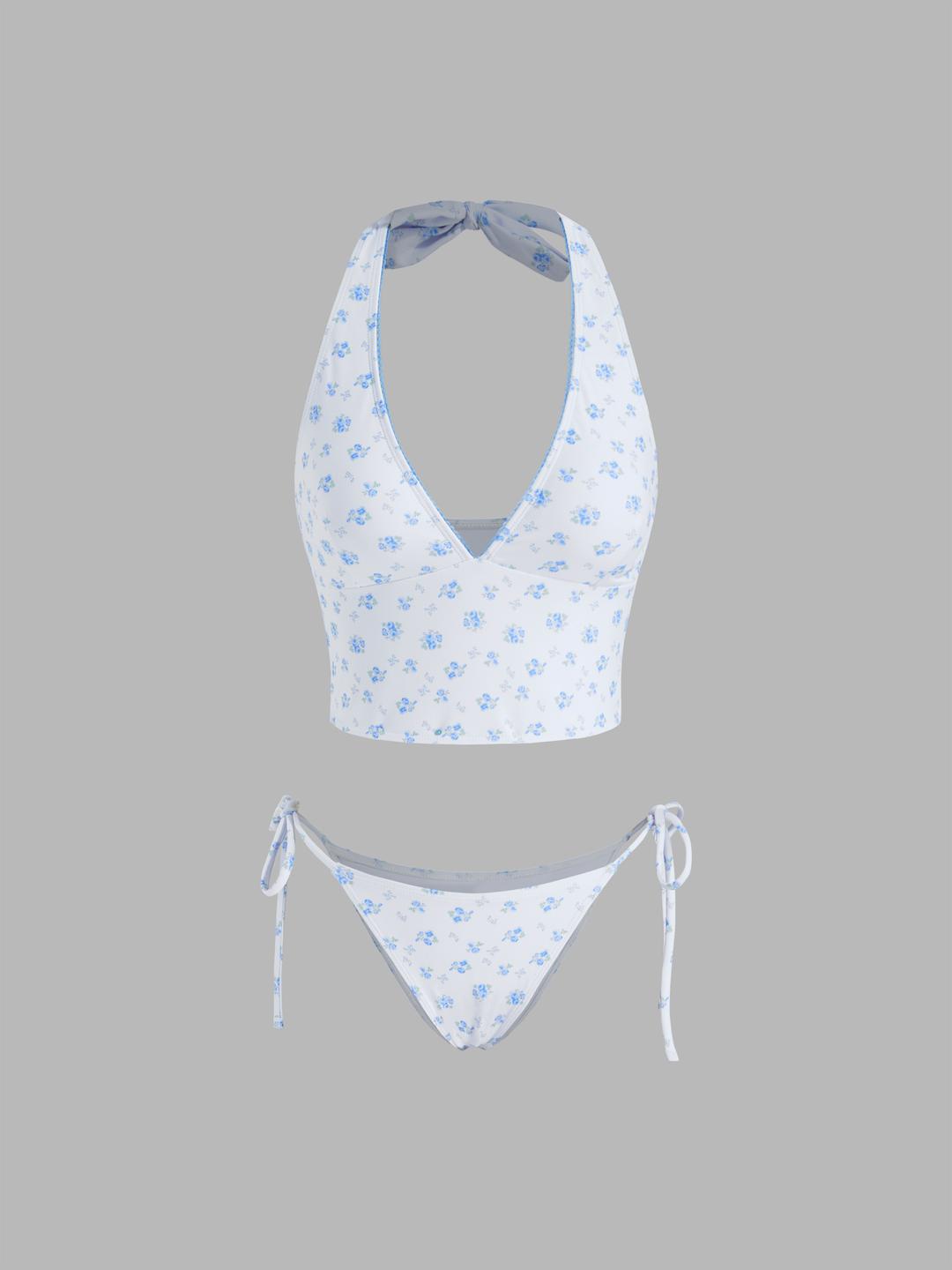 Halter Neckline Floral Tankini Tie Side Bikini Set