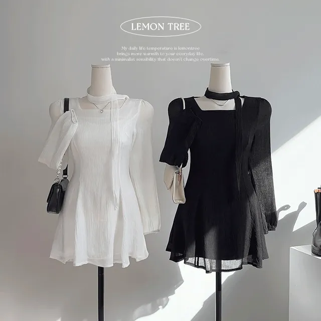 [하객원피스,페미닌] 로맨스 쉬폰 A라인 타이SET 세트 미니 원피스 (4color)