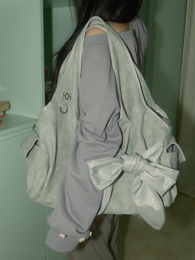 [Vegan Nubuck] bow shoulder bag (light gray)