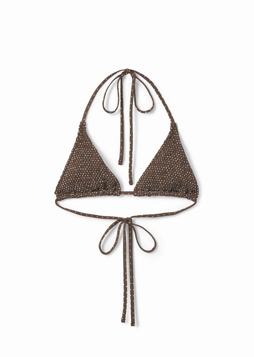 SMOCKED DOT TRIANGLE BIKINI TOP BROWN