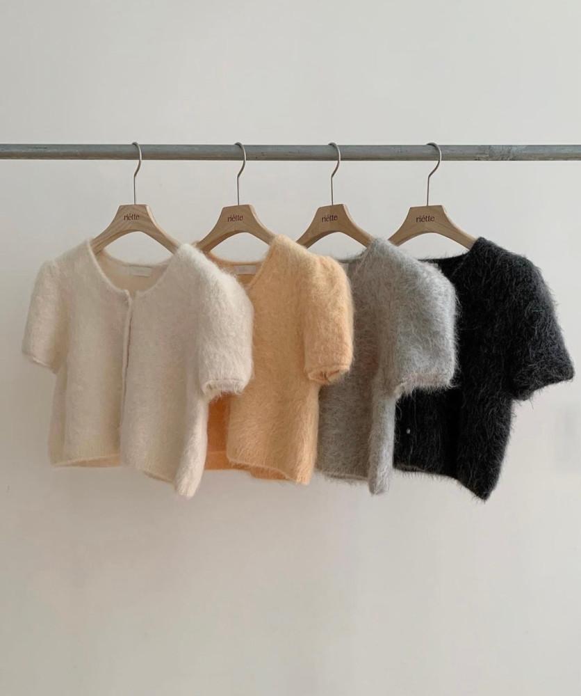 [차콜 당일출고] riette 리에뜨 펄 알파카 가디건 반팔 라운드 퍼프 nt