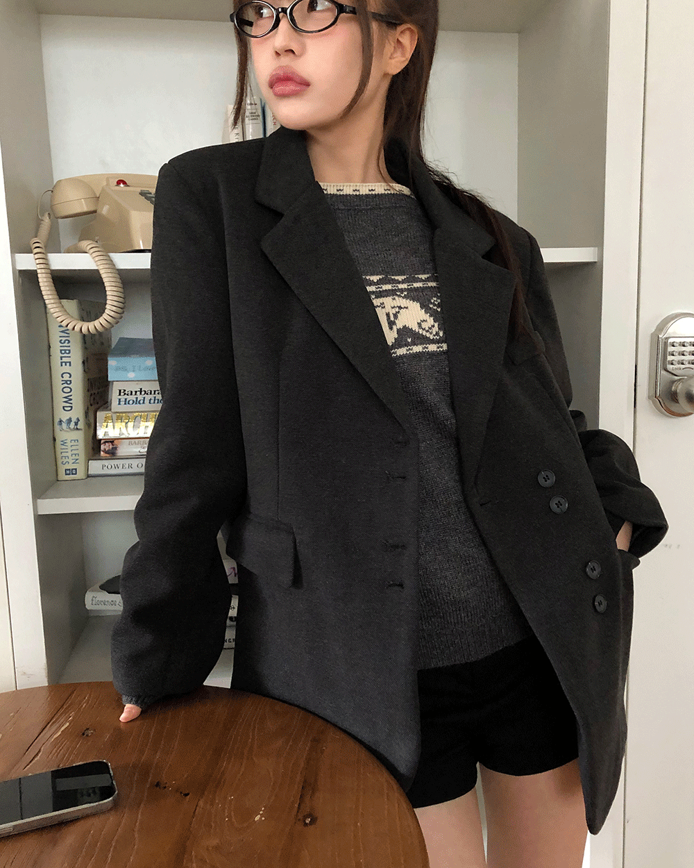 원더원더 [오버핏❣️] 유빌 버튼 카라 포켓 블레이저 자켓