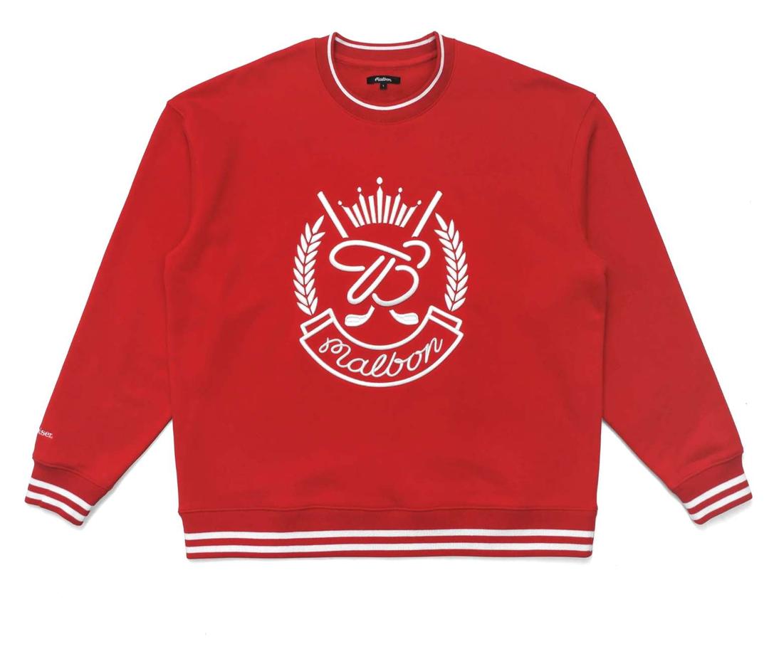 말본 x 버드와이저 골프 웨어 맨투맨 티 챔피언스 플리스 크루넥 티셔츠 아이보리 레드