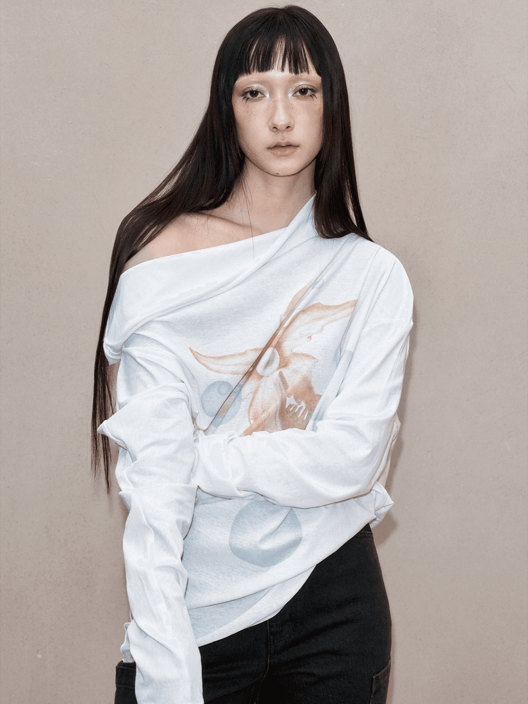 Flower print long-sleeve_White