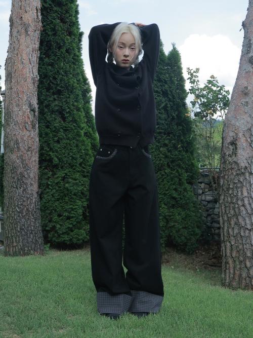 CHECK ROLL UP COTTON PANTS, BLACK