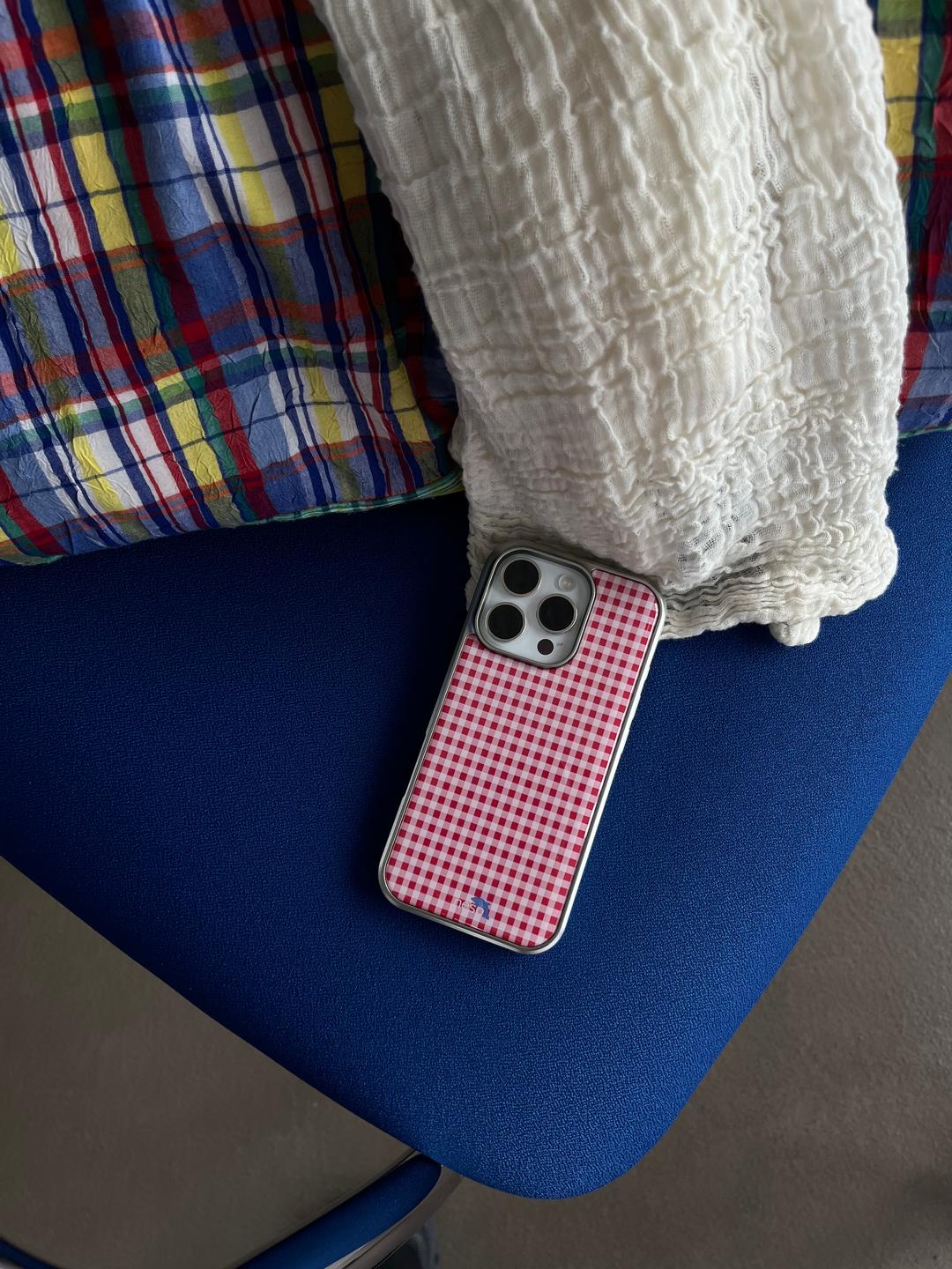 Gingham check silver epoxy case [RED]