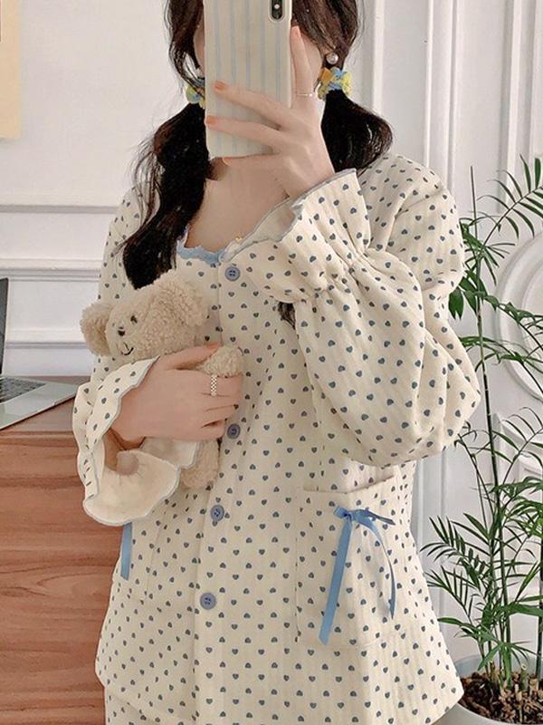 블루하트 누빔 도톰 긴팔 상하세트 파자마 수면 잠옷