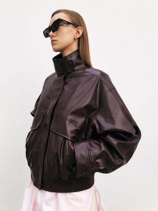 [HACIE X ITALY] VEGAN LEATHER BOMBER JACKET [BURGUNDY][BLACK]