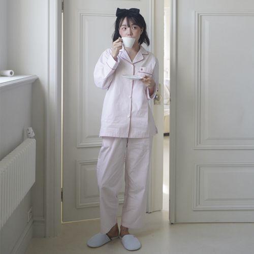 인플루언서 착용 [빈폴 라이프스타일] (BE4X68M01Y) 코튼 스트라이프 파자마 SET - 라이트 핑크