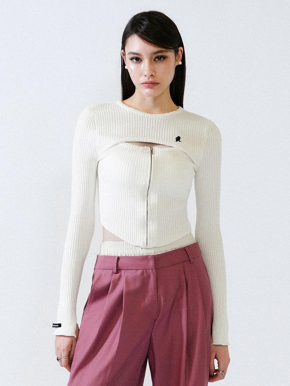 FRONT CUT-OUT ZIPPER KNIT T-SHIRT IVORY