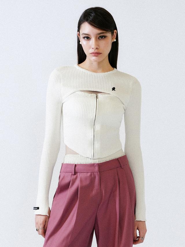 FRONT CUT-OUT ZIPPER KNIT T-SHIRT IVORY