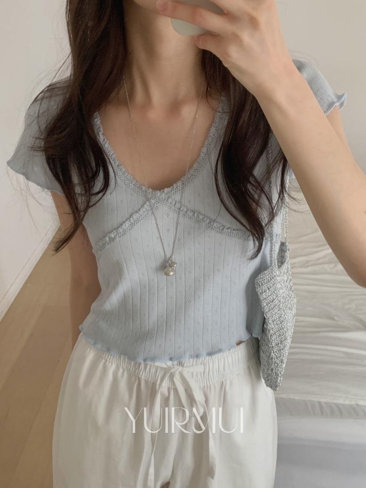 유이르무이 miel 미엘 글리코 코튼 펀칭 아일렛 레이스 브이넥 크롭 캡소매 반팔 티셔츠 4color