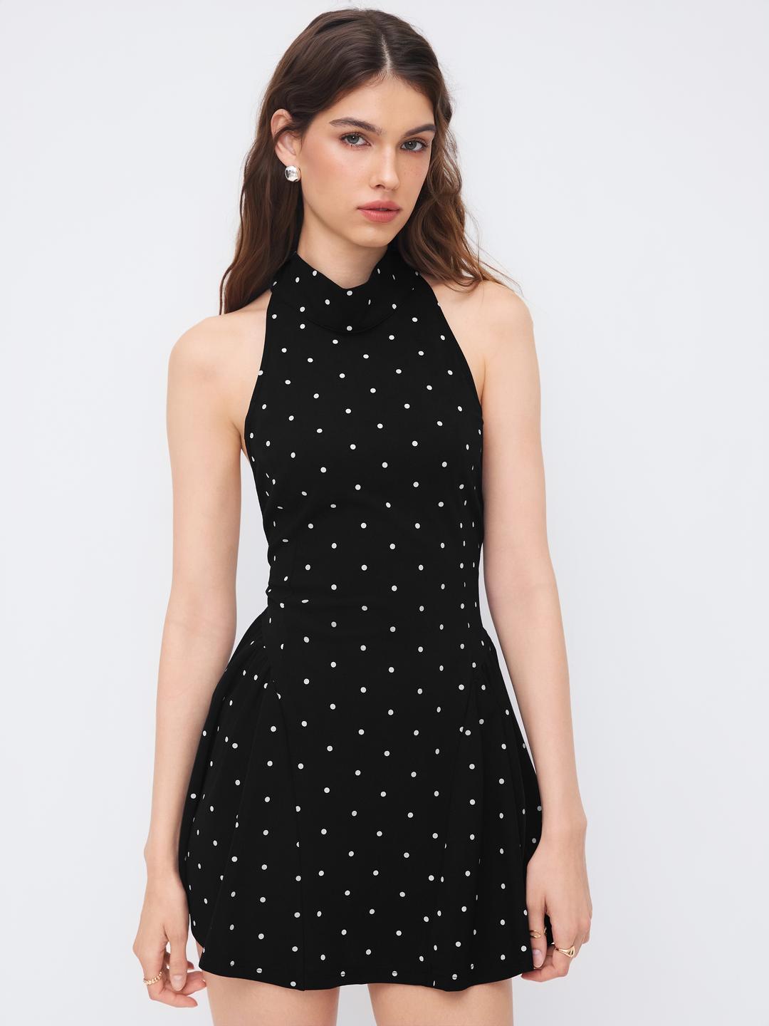Halter Neckline Polka Dot Backless Ruffle Mini Dress