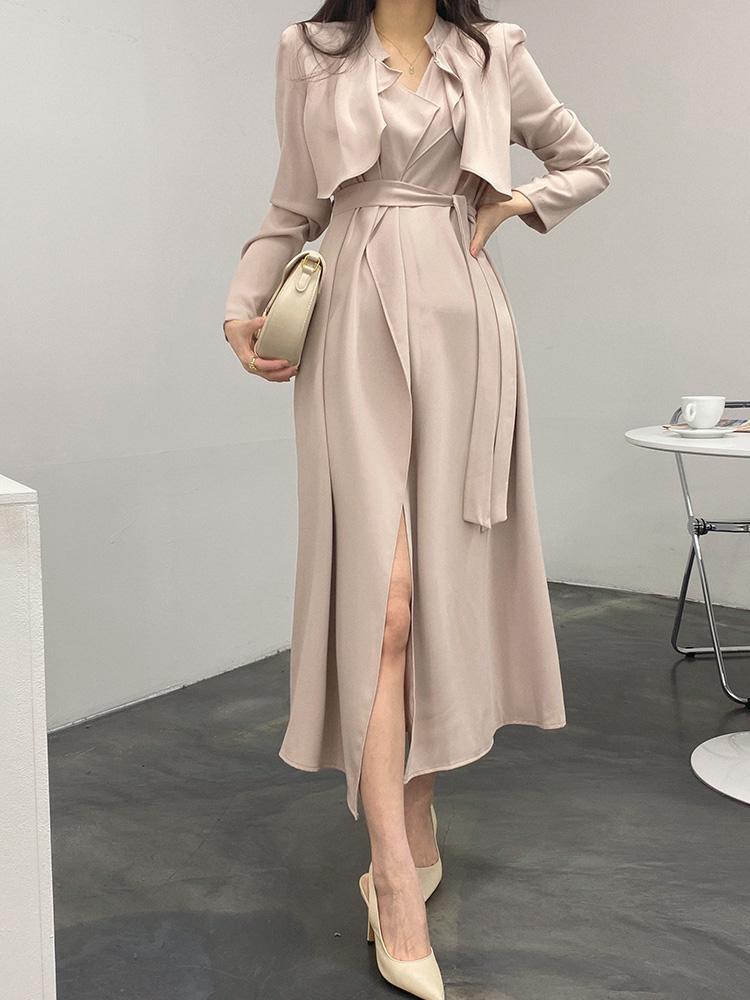 프릴 A라인 플레어 트렌치 랩 롱 하객 원피스