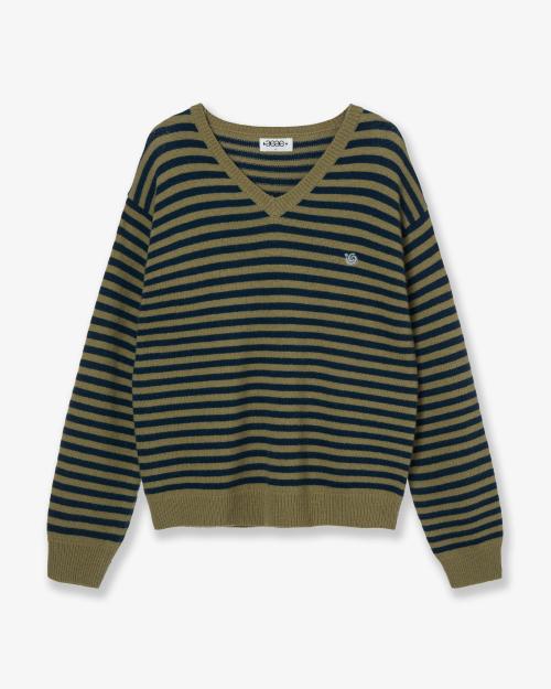 STRIPE V-NECK KNIT PULLOVER [KHAKI]