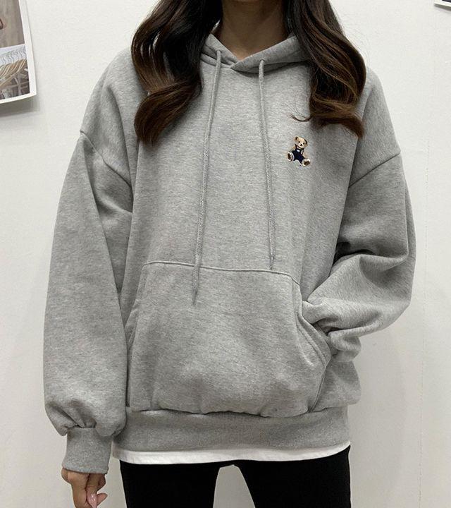 [기모] 자수 멜빵곰 후드티 (4color)