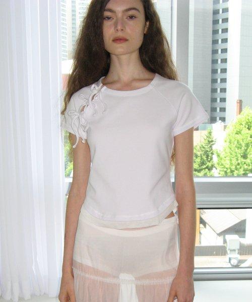 리본 스트랩 레이어드 숏 슬리브 티_화이트