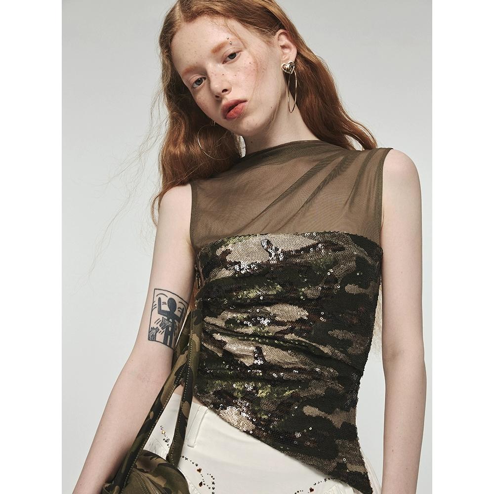 1JINN STUDIO 원진스튜디오 카모플라쥬 글리터 밀리터리 셔링 민소매 나시