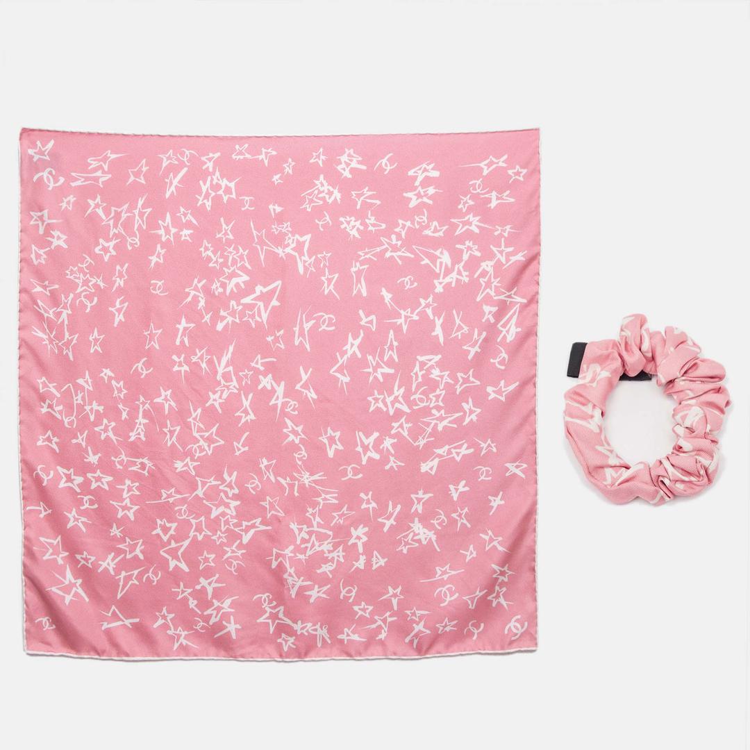 Chanel Pink Stars Print Silk Scarf with Hair Band