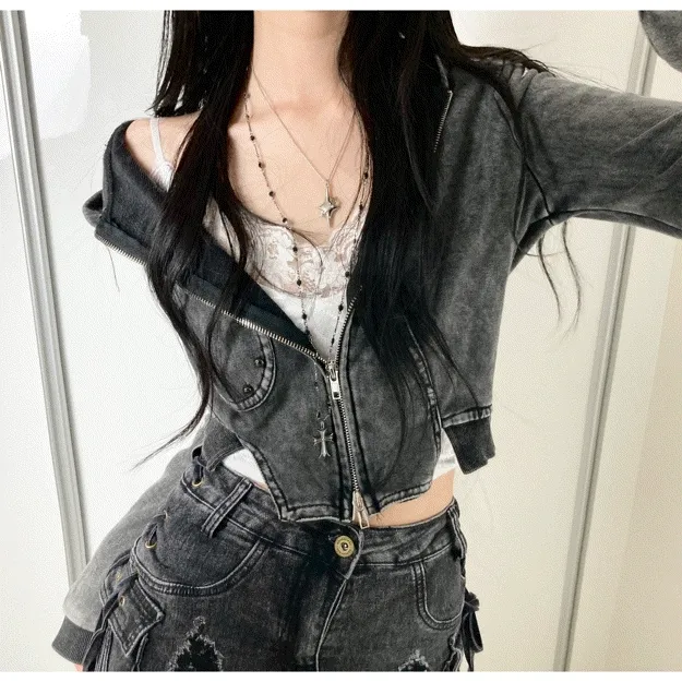 y2k 워싱 컷팅 데님 크롭 후드집업