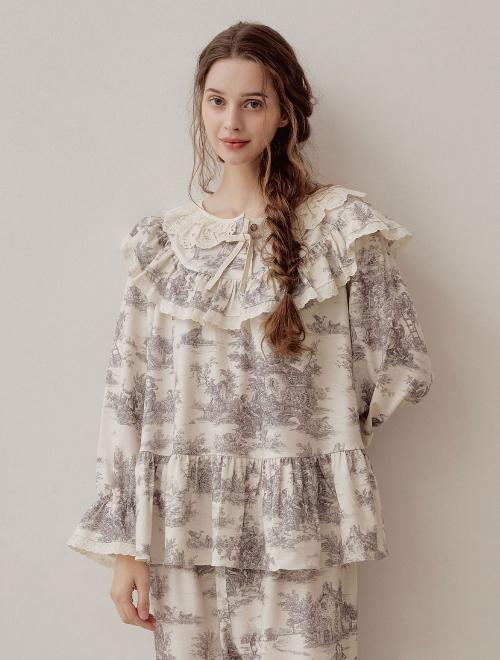 여성 베로나 스판 라운드넥 긴소매 투피스 잠옷