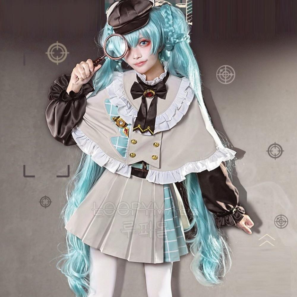 보컬로이드 코스프레 하츠네 미쿠 탐정 의상 세트