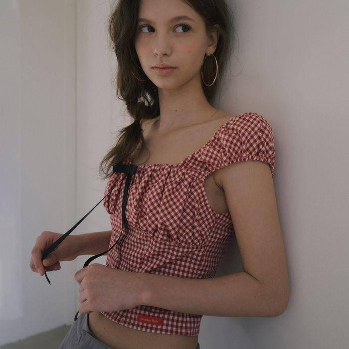 RIBBON HEART NECK VOLUME BLOUSE_RED CHECK