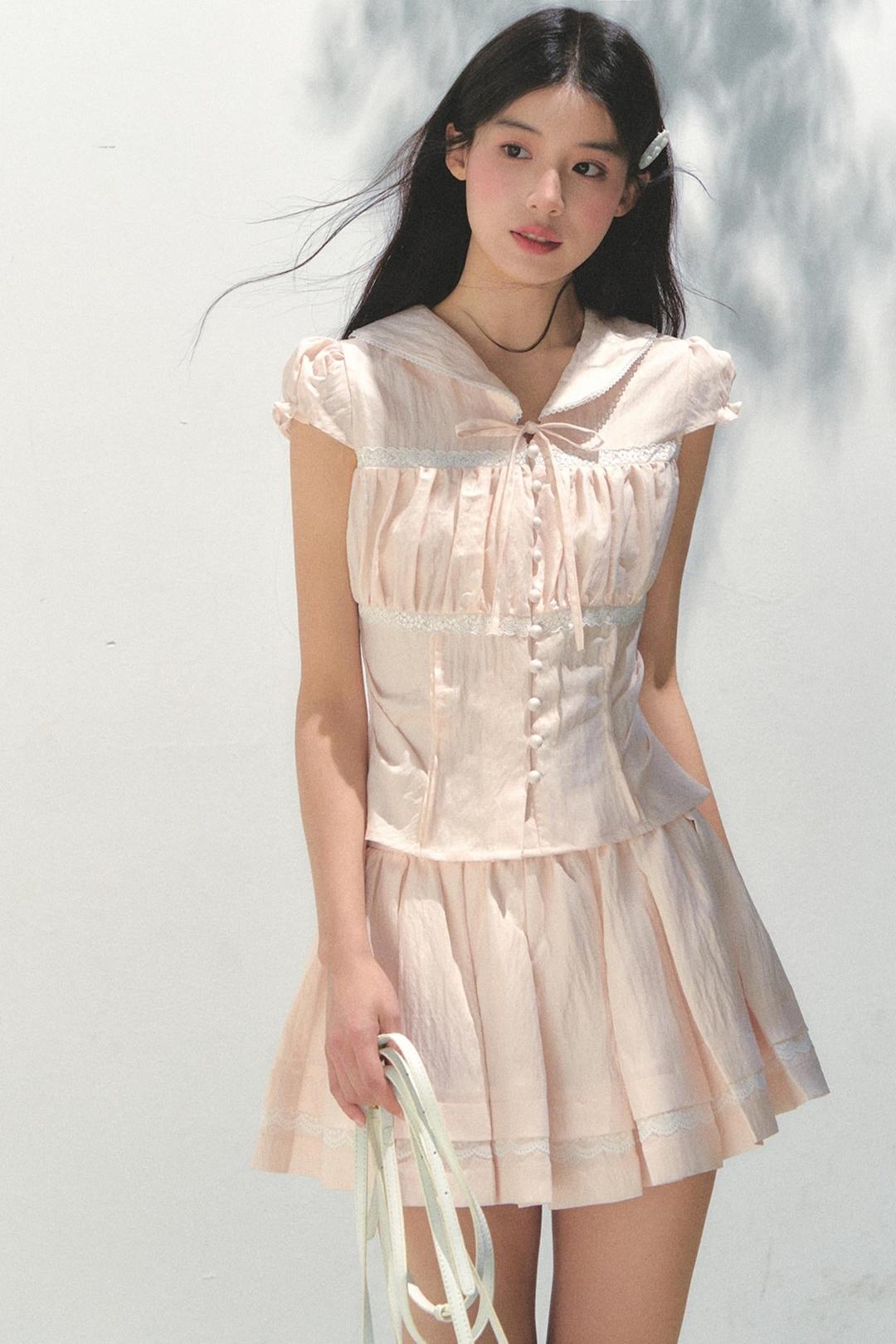 Pink Navy Lycra Top Set-Up - Pale pink- Top / S