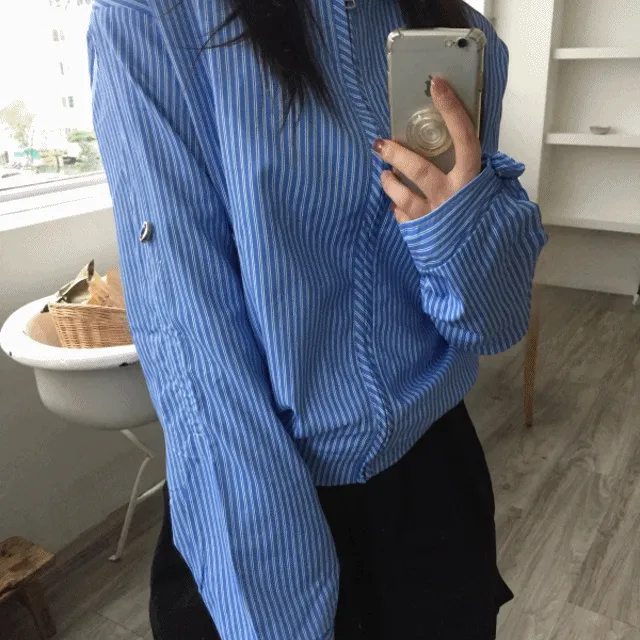 스트라이프 카라 대디 루즈핏 집업 자켓