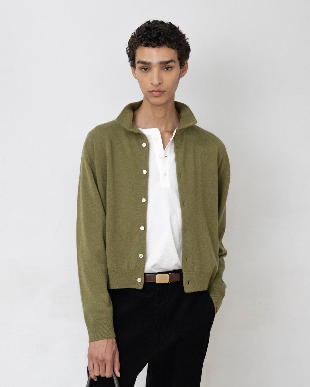 Cashmere Stand Collar Cardigan, Olive