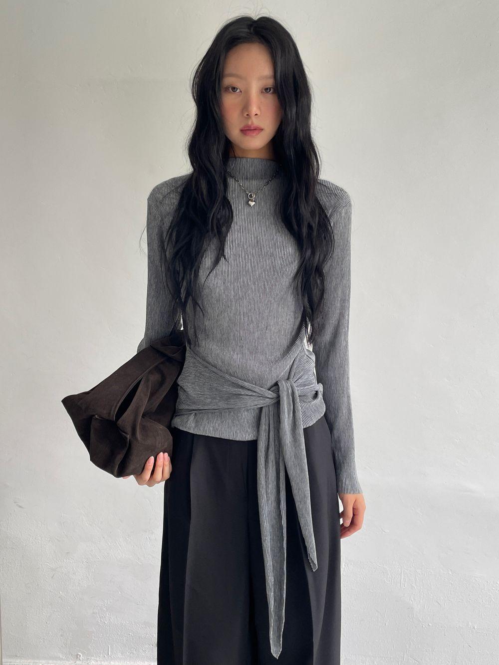 히어리 하이넥 플리츠 허리끈 이너 긴팔티