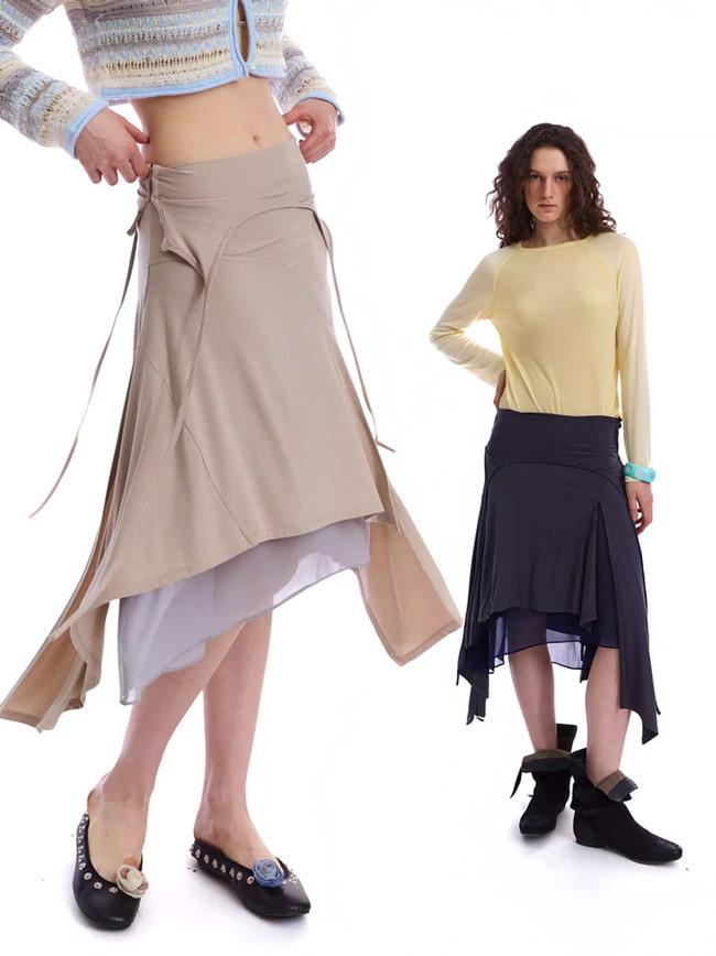 [NeverSeez] Modal Blend Mesh Layered Midi Skirt