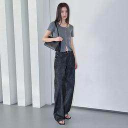 (W)[썸머 린넨라이크]Signature Low Rise Wide Jeans DCWPT004CPBlack