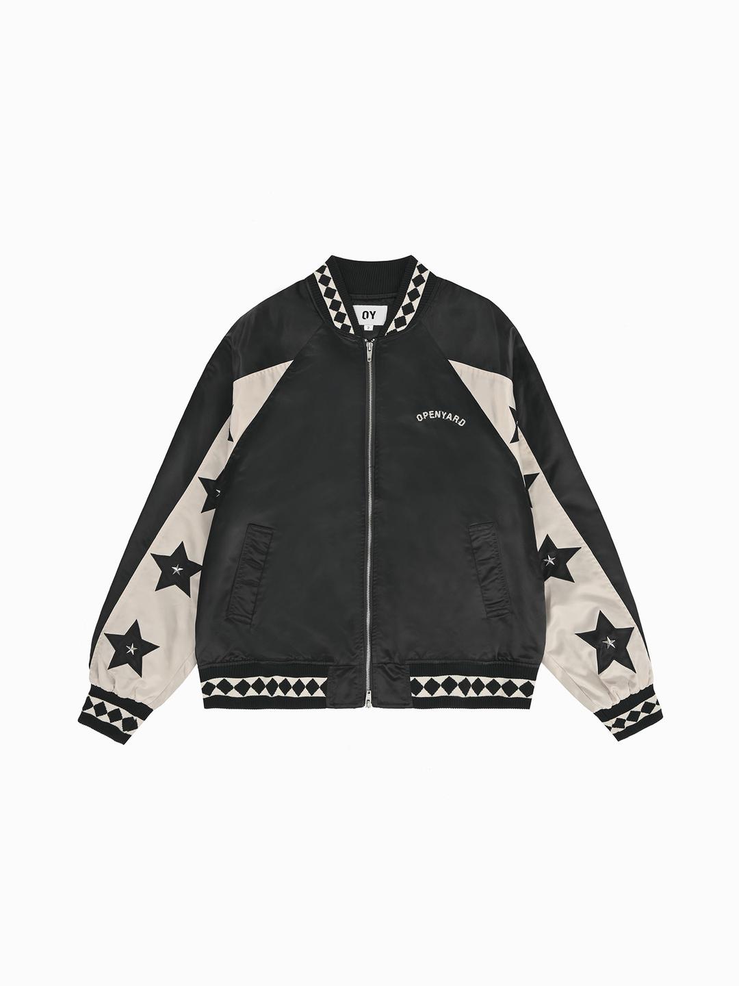 STAR LEATHER PATCH STUD JACKET - BLACK