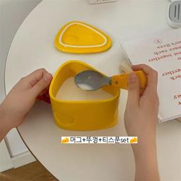 [모모피너츠] 귀여운 치즈 머그컵 머그뚜껑 티스푼 세트 홈카페 선물 학교 직딩 사무실 머그