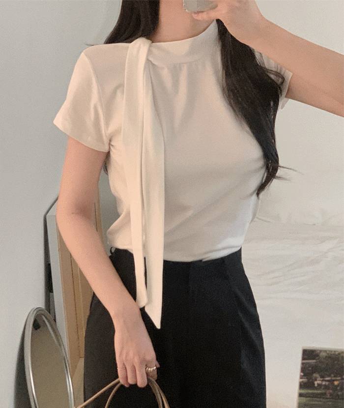 포에이엠 [모달/쫀쫀]헤이 타이 스카프 반목 하프넥 반팔 티셔츠