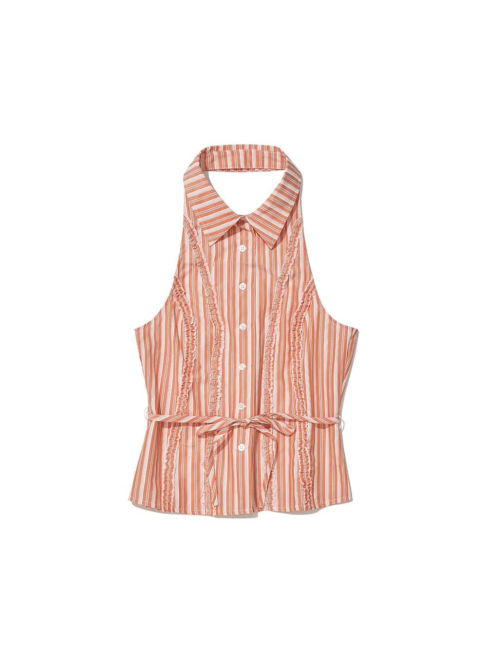 [WOMEN] FRILL TRIM HALTER NECK SHIRT_CORAL