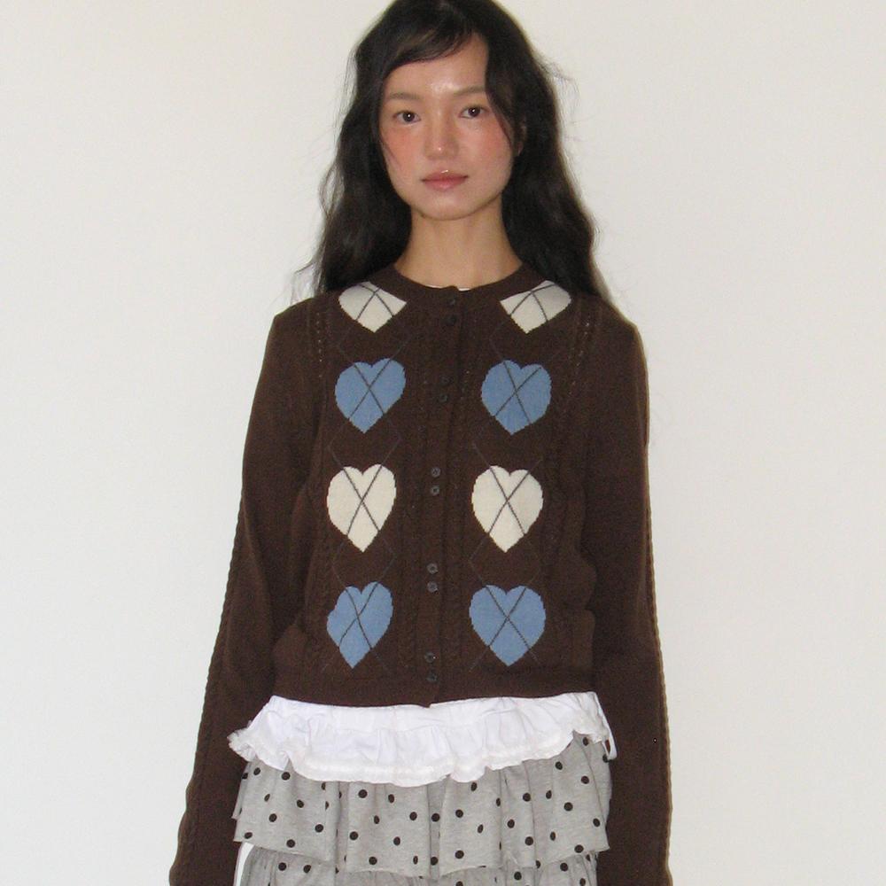 HEART ARGYLE 2 BUTTON KNIT CARDIGAN BROWN