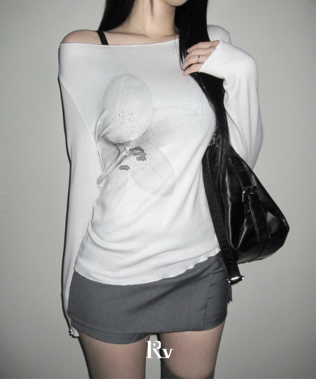 리즈리버 [플라워나염ꕤ] 린치 플라워 슬림 긴팔 티셔츠 t - 4color