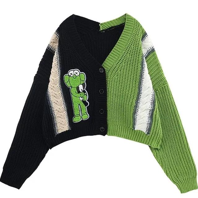 배색 개구리 크롭 가디건