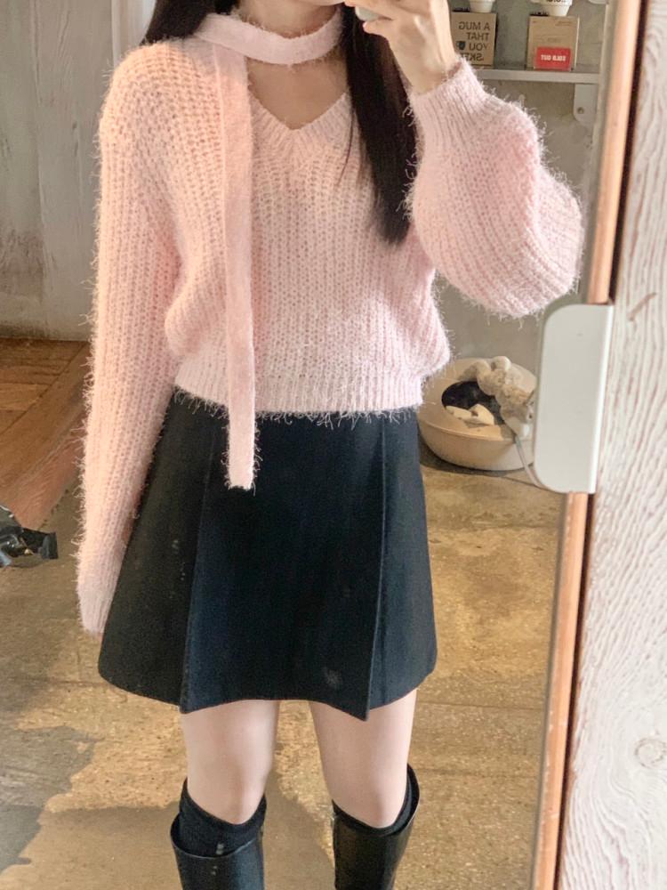 여성 러브 타이 브이넥 니트 (3 color)