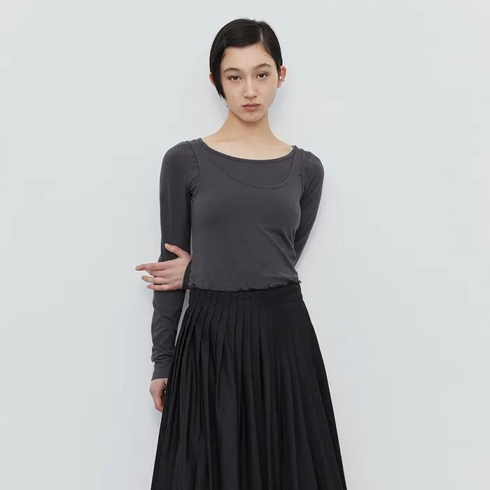 U-NECK SIDE SHIRRING T-SHIRT (CHARCOAL)